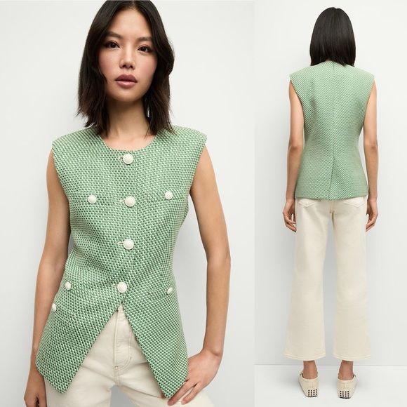 Veronica Beard Tamara Woven Button Front Vest Green White - Picture 1 of 10
